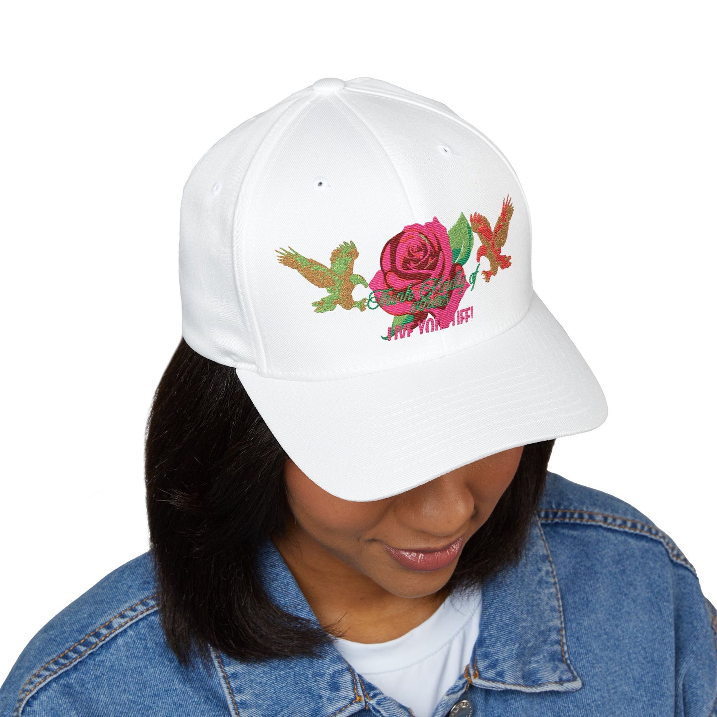 Embroidered Floral Cap, Stylish Closed-Back Hat - Think Kindly of Others/Live Your Life!
