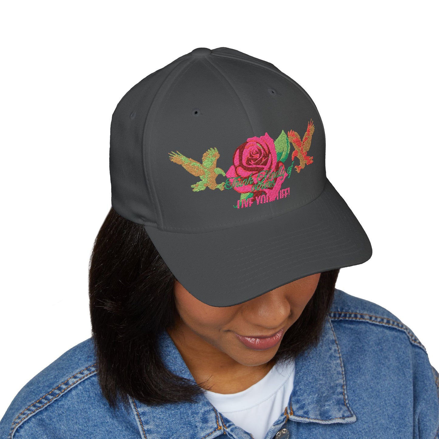 Embroidered Floral Cap, Stylish Closed-Back Hat - Think Kindly of Others/Live Your Life!