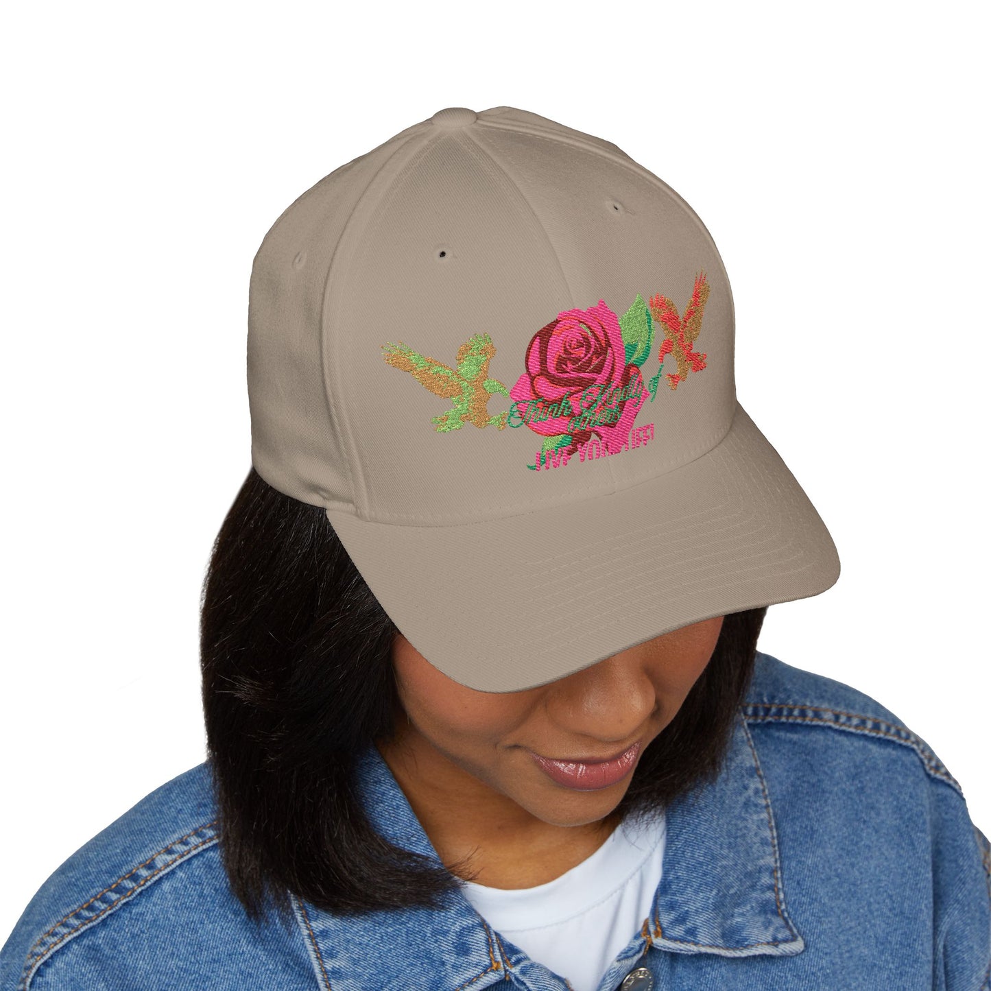 Embroidered Floral Cap, Stylish Closed-Back Hat - Think Kindly of Others/Live Your Life!