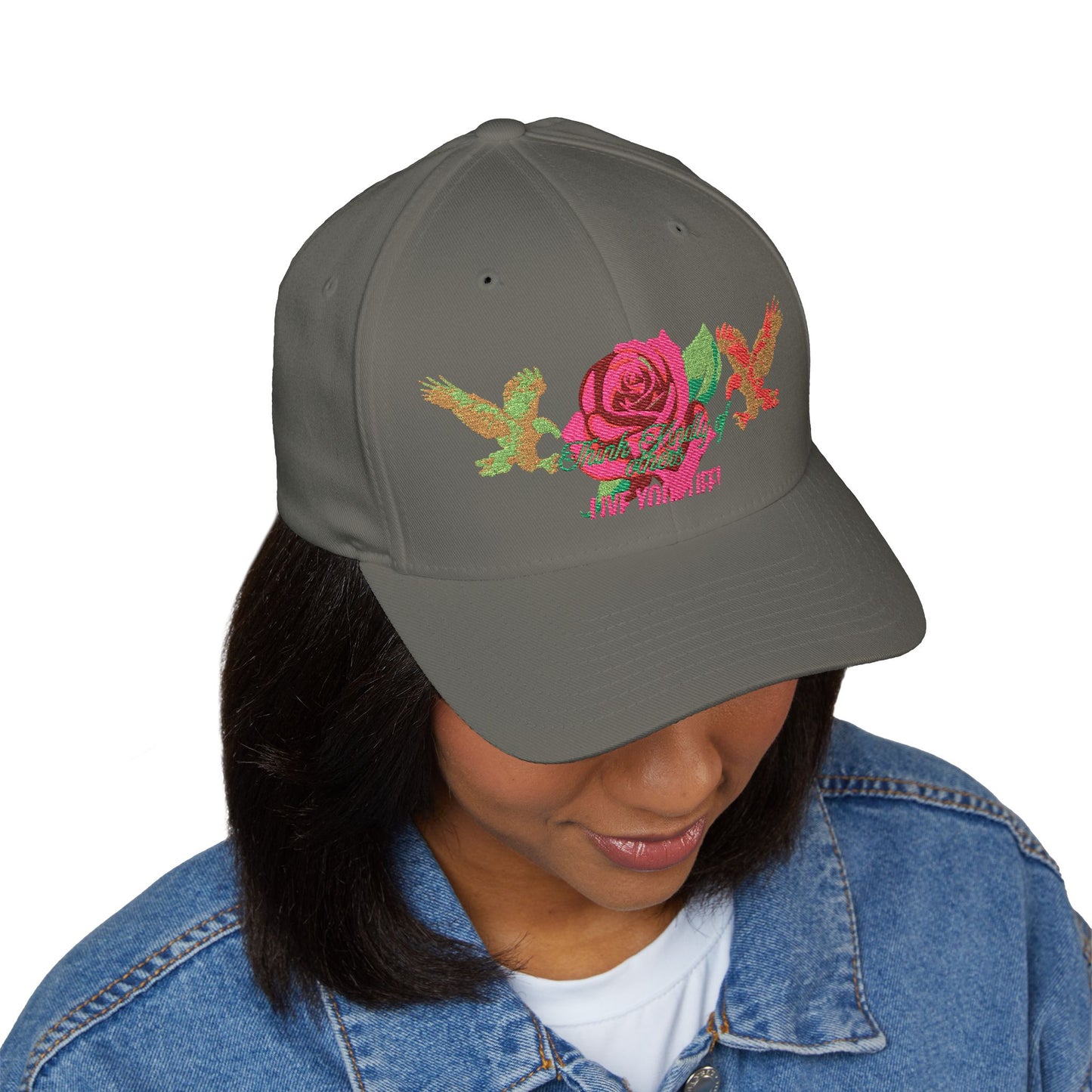 Embroidered Floral Cap, Stylish Closed-Back Hat - Think Kindly of Others/Live Your Life!